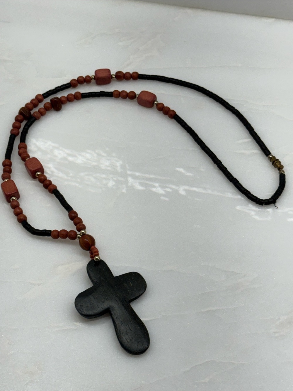 Boho Vintage Wooden Bead Cross Necklace